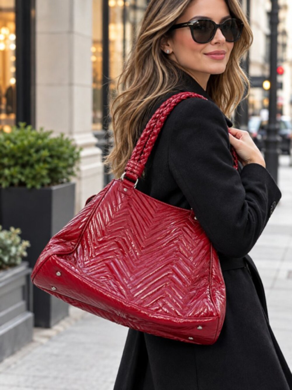 Cole Haan Laury Red Berry Patent Leather Quilted Tote Braided Handle Y2K Bag